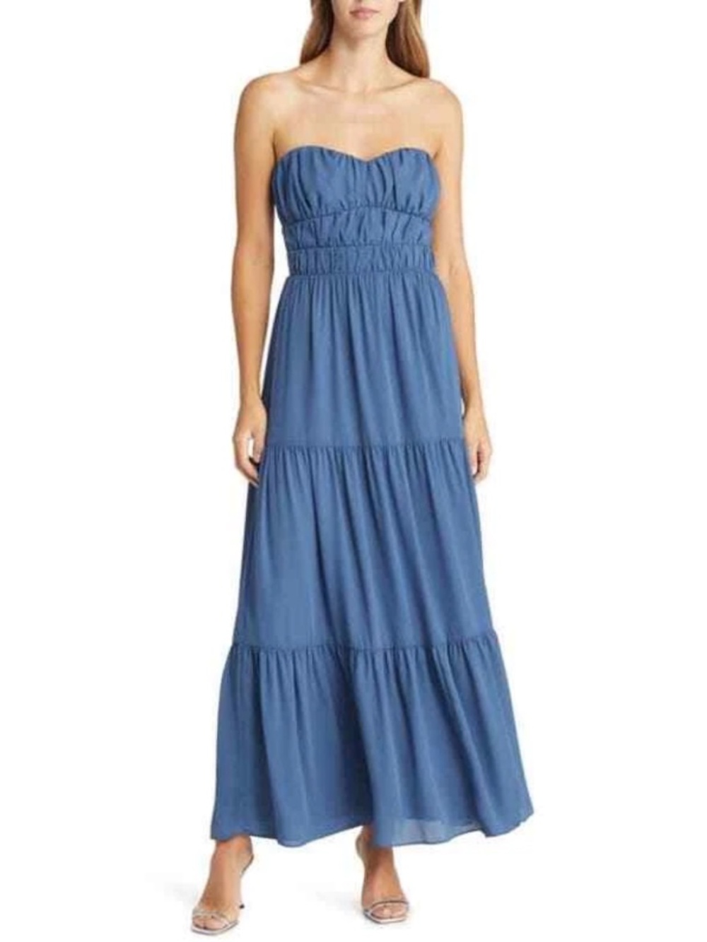 WAYF Talia Tiered Strapless Maxi Dress Blue Smocked Bodice NWOT Size XS Summer